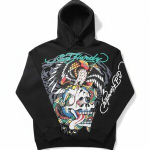 NWT Ed Hardy Skull Script Eagle Pullover Drawstring Hoodie Black Y2K Vivid MD